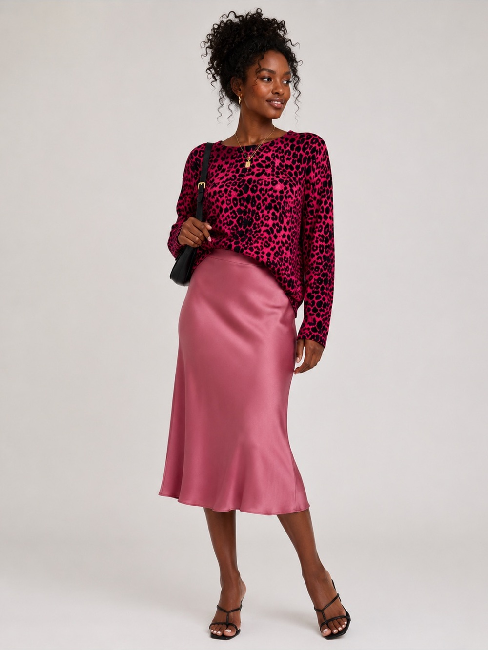 Neiman Marcus Hot Pink and Black Leopard Long-Sleeve Top